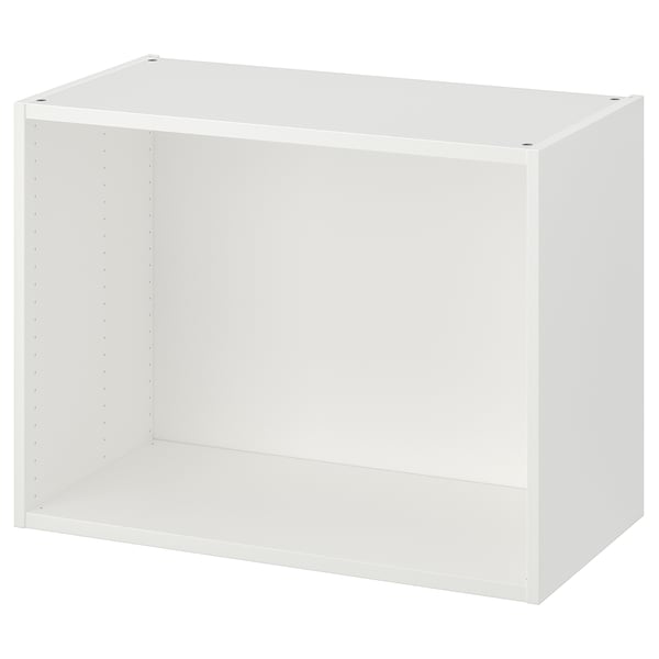 White PLATSA storage unit. Minimalist, rectangular, open-backed, easy-to-assemble design. Made of fibreboard and particleboard.