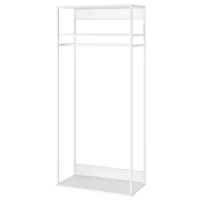 A white PLATSA wardrobe. It has a sleek, minimalist design with metal framing and a honeycomb panel. The wardrobe includes shelves and a hanging rod.