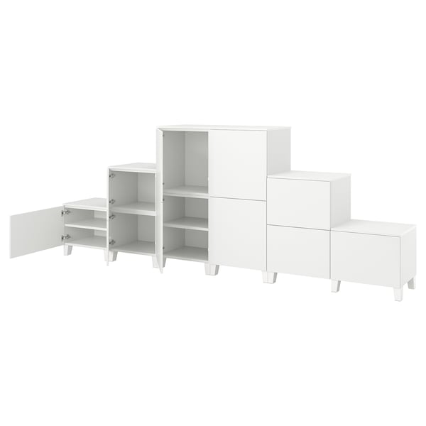 White PLATSA storage units: shelves and cabinets with adjustable feet.