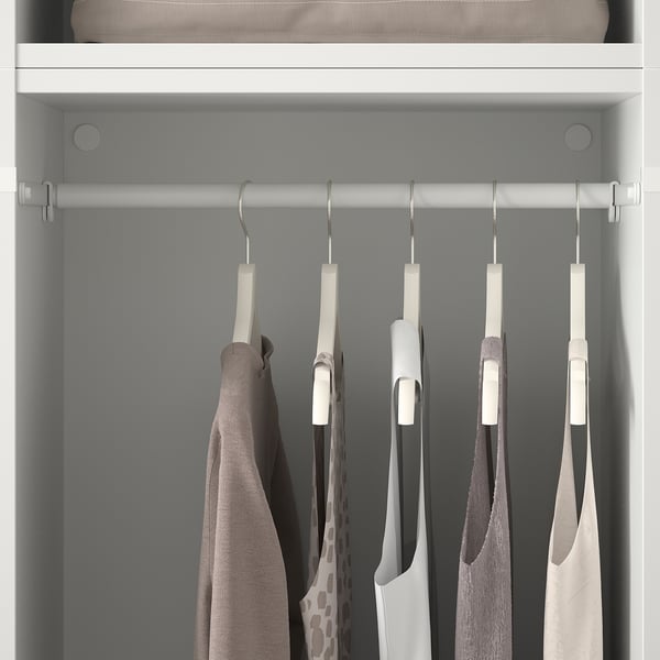 Closet with hanging rods displaying clothes. Adjustable feet and interior organisers.