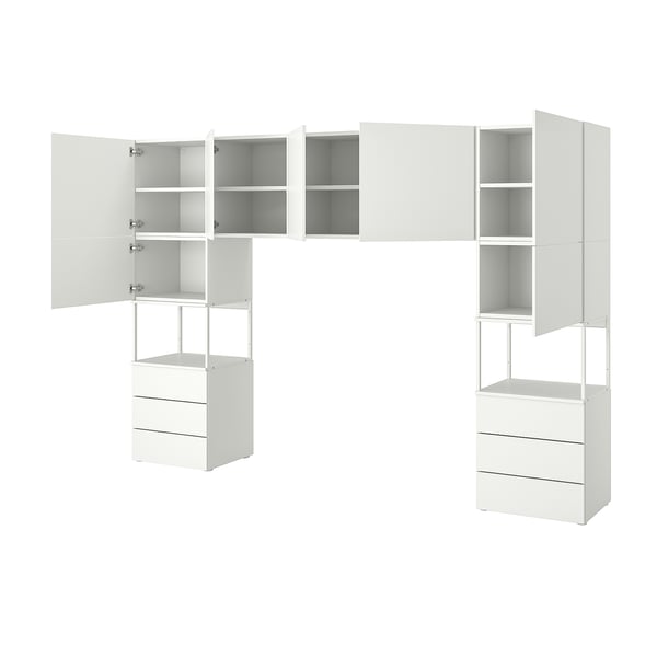 White PLATSA storage system: two open cabinets with adjustable shelves, two drawers, clean, modern design.