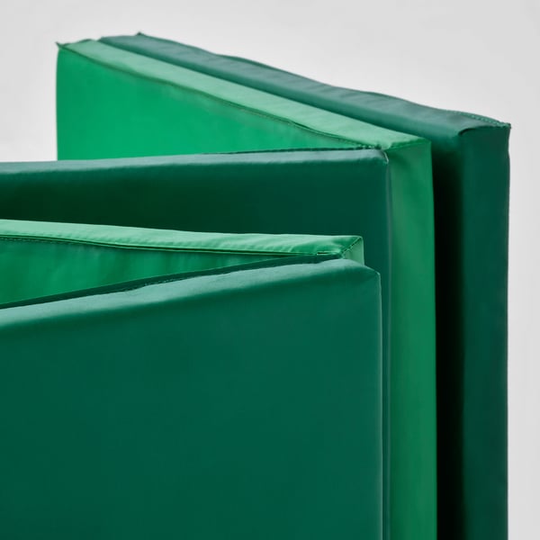 Foldable, vivid green gym mat, soft padding for safety, high-quality peva plastic and polyester.