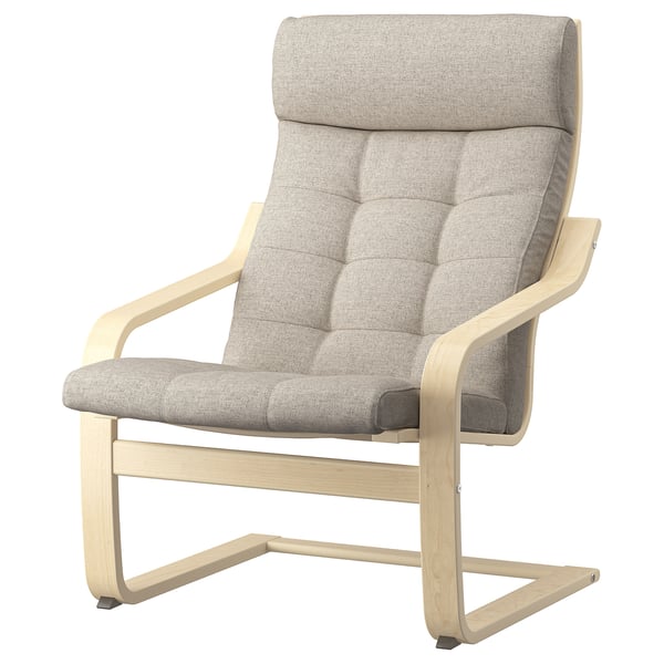 Poang armchair in light grey fabric, natural wood frame. Comfortable, high-backed design for neck support.