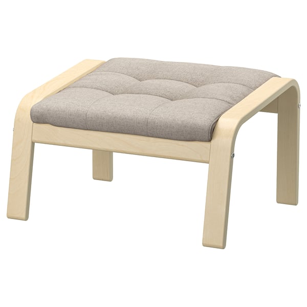 Light wood POÄNG stool, grey cushioned seat, curved legs.