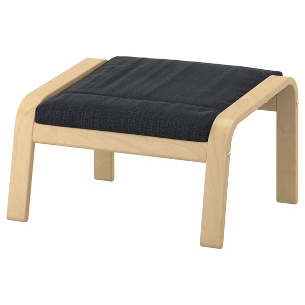 Light wood POÄNG ottoman with dark gray cushion, curved legs, simple design.