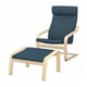 Modern recliner with matching footstool, light wood frame, dark blue cushions.