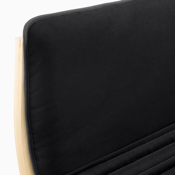 Close-up of black POÄNG cushion; smooth, high-quality fabric with neat stitching.