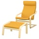 Bright yellow POÄNG chair and ottoman set. Comfortable with wooden frame, soft cushions.