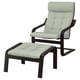 Modern recliner chair with footrest, both in light green fabric & dark wood.
