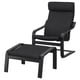 A black POÄNG chair with a matching footstool, featuring a modern, sleek design with a cushioned seat and backrest.