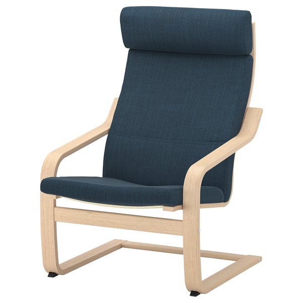 POÄNG armchair, deep blue fabric, oak frame, curved back, padding for comfort.