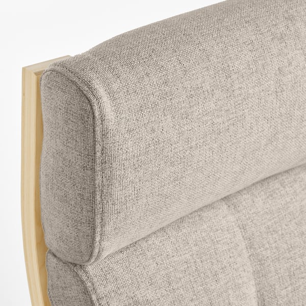 Close-up of high-quality POÄNG armchair with tufted gunnared fabric cushion and sturdy wooden frame.