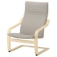 POÄNG chair: light wood, grey cushions, arched design, comfortable resilience.