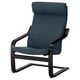POÄNG armchair: blue fabric, black frame, curved lines, comfortable seat & backrest.