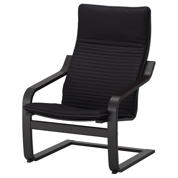 Black leather POÄNG armchair with curved back and armrests.