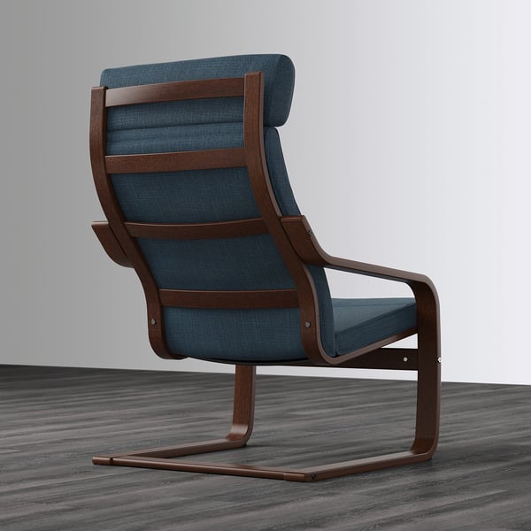Blue fabric armchair with wooden frame, curved for neck support, sturdy design.