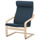 Poang chair: blue fabric, wooden frame, curved lines, high back support.