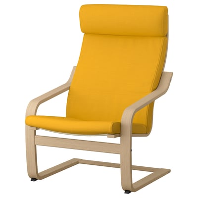 Bright yellow POÄNG armchair, sleek bentwood frame, comfortable high back, 100% polyester cushions.
