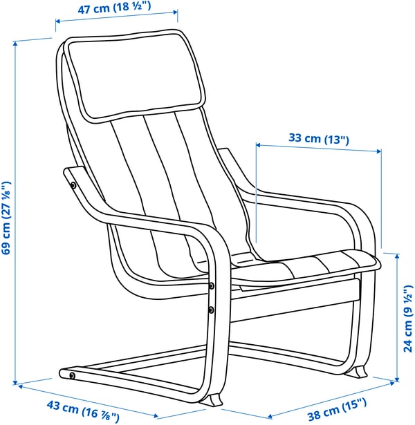 Illustration with measurements for the product: POÄNG.