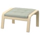 POÄNG footstool: light wood, curved legs, light green padded seat, tufted design.