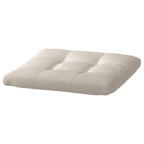 A beige POÄNG cushion, square-shaped with tufted design, made from recycled polyester fabric.