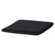 A black POÄNG cushion from IKEA. Its rectangular, smooth, and featuring a subtle stitching detail on the side.