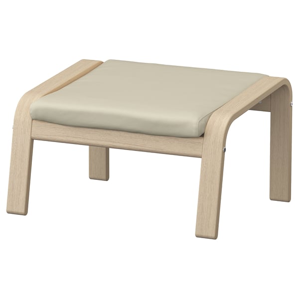 POÄNG footstool, light wood & beige cushion, curved design, soft leather.