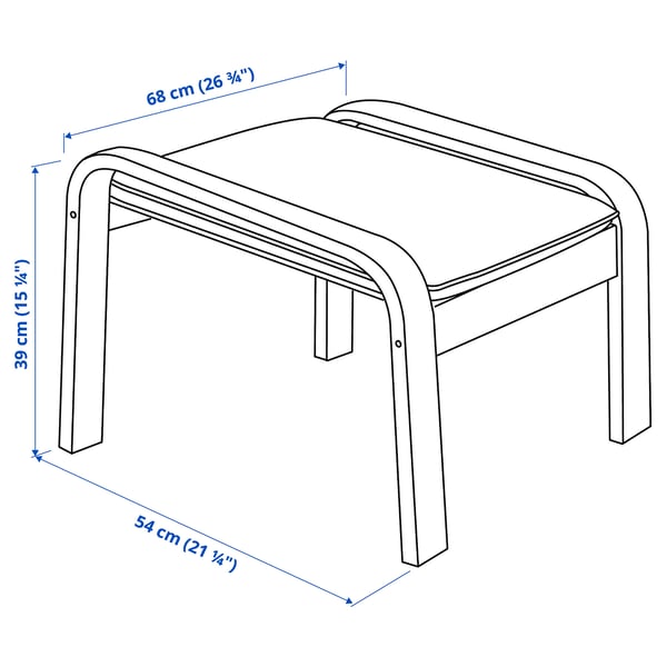 Illustration with measurements for the product: POÄNG.