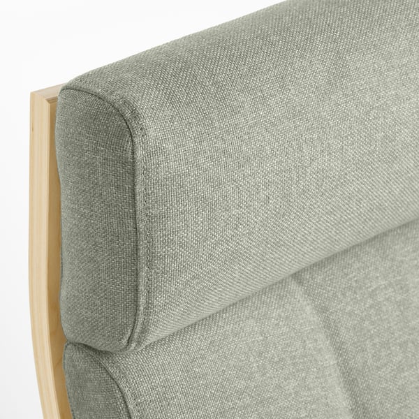 Close-up of POÄNG chairs cushioned seat and back, showcasing durable fabric and supportive structure.