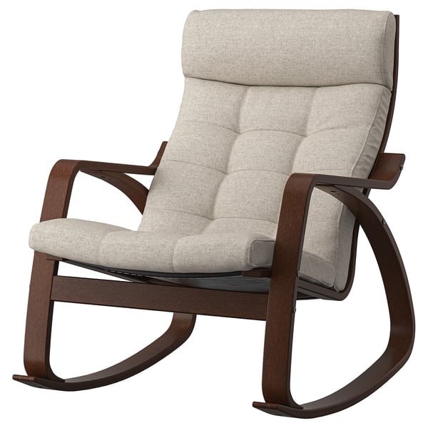 POÄNG rocking chair: beige fabric, dark wood, curved frame, comfortable, modern.