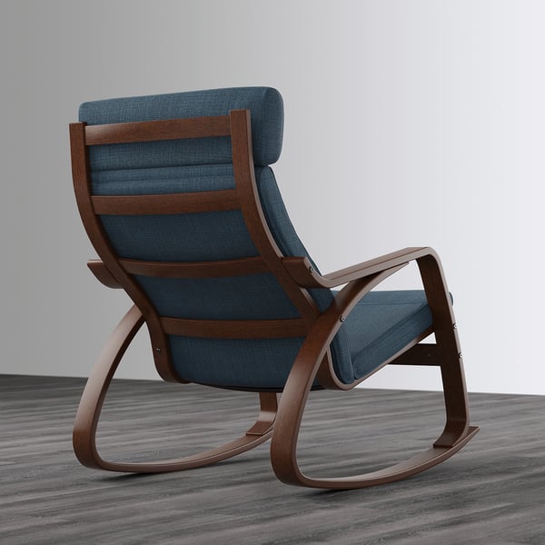 A deep blue cushioned rocking chair with wooden frame sits on a wooden floor. The high back offers neck support and the chair rocks gently.