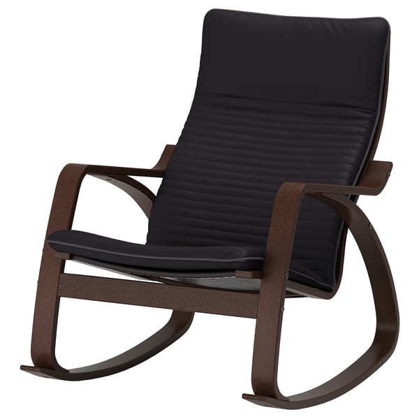 POÄNG black leather rocking chair with dark wooden frame.