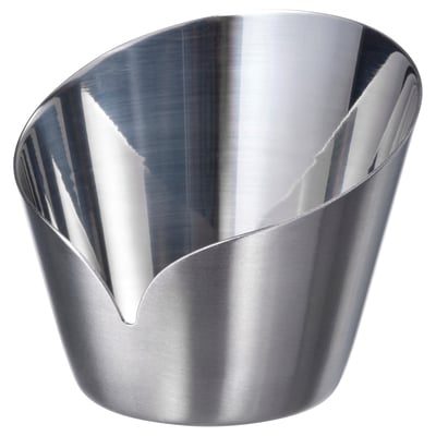 A metallic silver, shiny, cylindrical stainless steel candleholder with a sleek, smooth design.