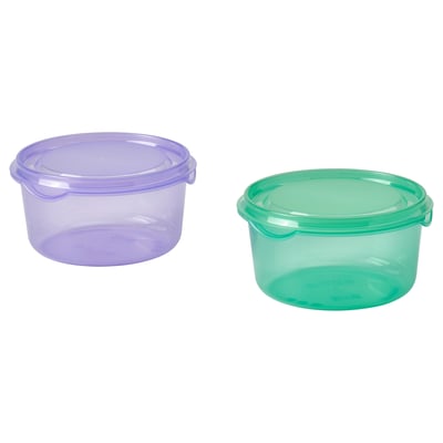 PRUTA containers: purple and green, round, plastic, sealable lids for storing snacks or small salads.