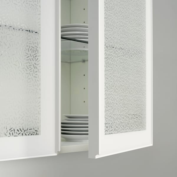 Frosted glass cabinet with PUCKELFLY window film, subtle pattern, modern white design.