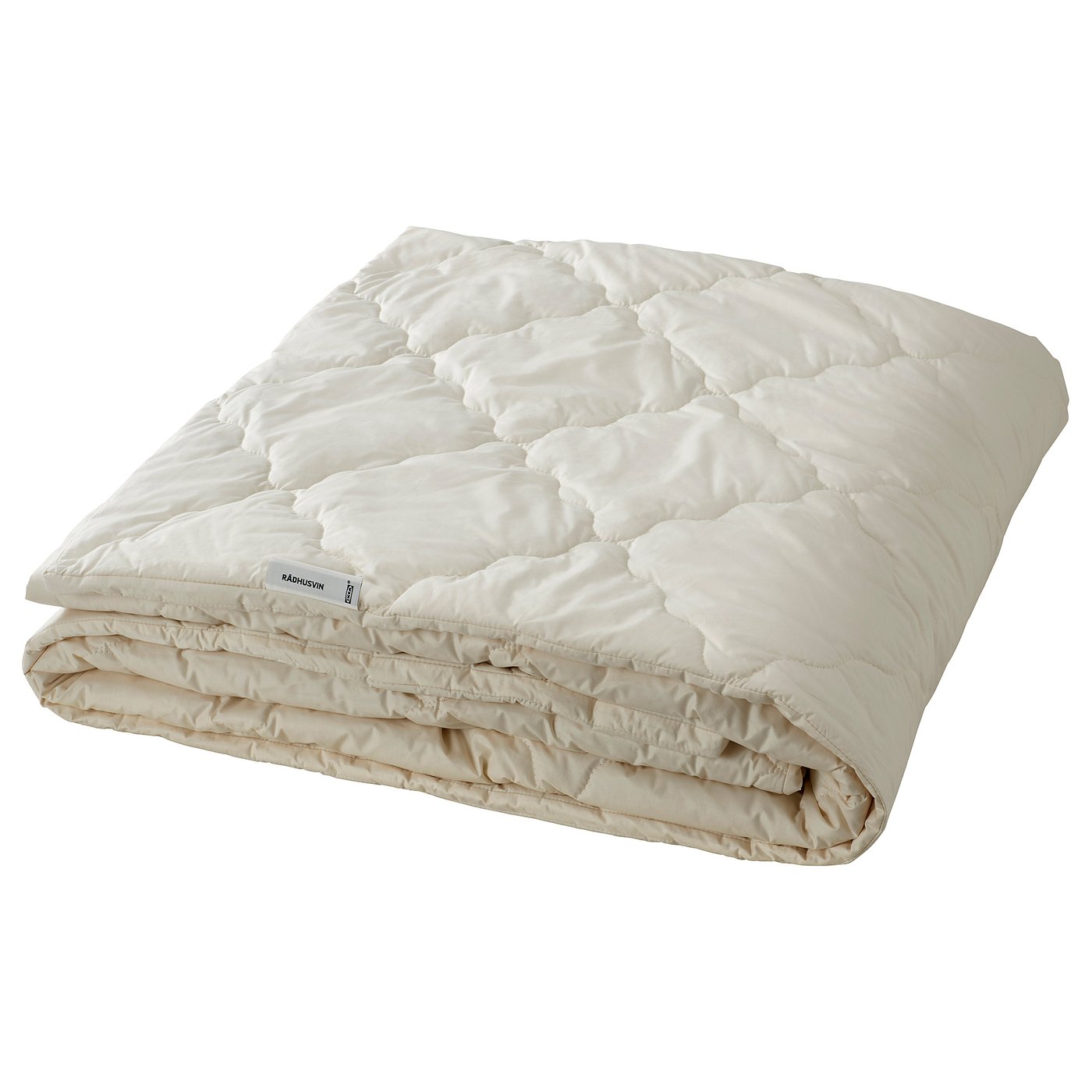 Folded white RÅDHUSVIN duvet with natural cotton and wool, square shape, diamond pattern.