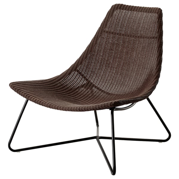 The RÅDVIKEN armchair, a stylish brown wicker chair with a sleek, curved design for comfort.