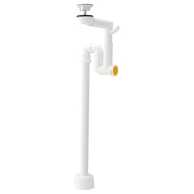 A white IKEA RÄNNILEN water trap. Its cylindrical with flexible piping, designed for under-sink installation.