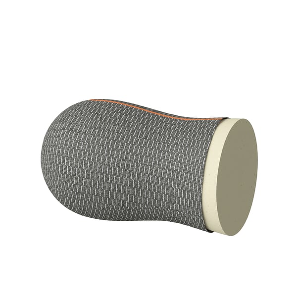 A RAGGARV lumbar pillow with a grey textured cover, orange accents, and beige foam core. Its shaped like a cylinder with adjustable straps.