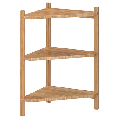 Bamboo storage shelf, 3 tiers, clear lacquer, corner space.
