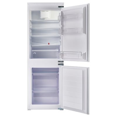 Open white fridge-freezer combo, two doors, glass shelves.