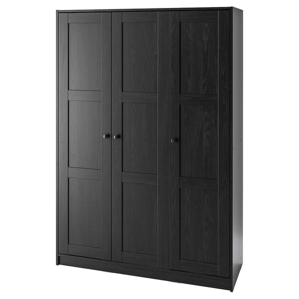 Black RAKKESTAD wardrobe: 3-door, dark wood finish. Sleek, rectangular design with modern style.
