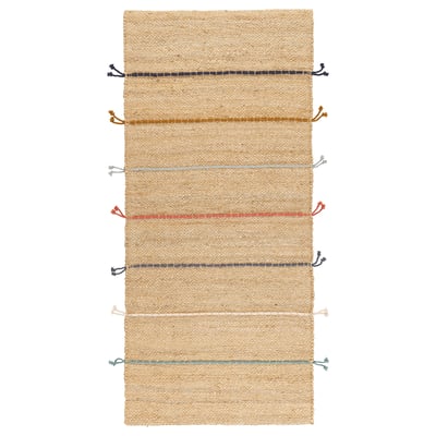 RAKLEV natural jute rug with colourful wool accents. Handwoven, rectangular shape, textured surface.