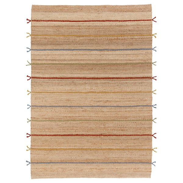 RAKLEV: natural jute rug with multicoloured wool stripes and tassels, rectangular.
