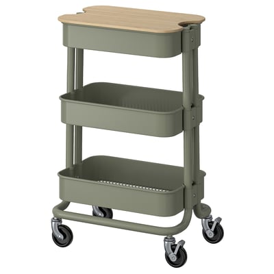 Three-tier olive green metal trolley with wooden top, featuring wheels for mobility.
