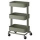 Green 3-tier utility cart, ikea RÅSKOG, with metal shelves and wheels, perfect for storage.