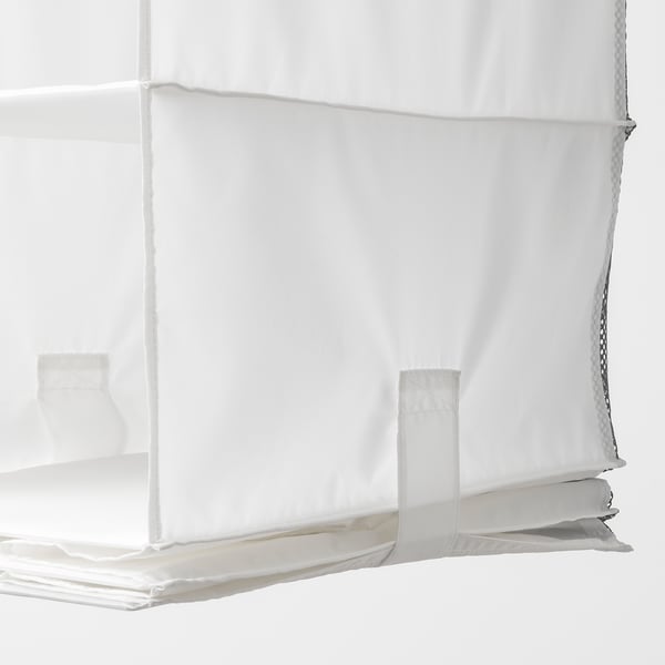Crisp white hanging storage bag with 5 compartments, showing strong stitching and quality fabric, ready for use.