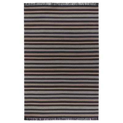 RÅVAROR black & brown striped wool rug, rectangular with fringed edges, handwoven.