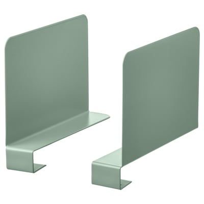 Two mint green metal bookends on white background. Each has an l-shape with a flat base and back, designed to keep books organised.