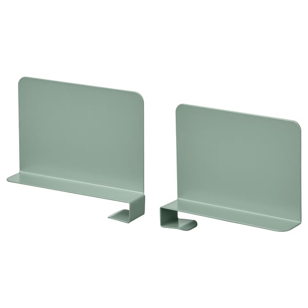 Two mint green metallic bookends, rectangular with angled base for stability, designed for shelves or table tops.